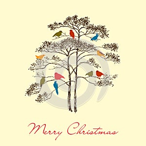 Birds Christmas tree greeting card