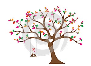 Birds Couple Silhouette on colorful tree with heart Vector, Tree of love. Birds on swing on branch, Wall Decor, Birds in love