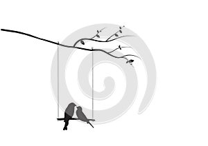 Birds Couple Silhouette Vector, Birds on swing on branch, Wall Decals, Birds in love