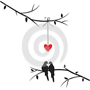 Birds Couple Silhouettes on branch Vector, Wall Decals, Birds in love with heart illustration, Wall Art, Art Decor