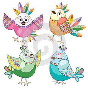 Birds Cute Ethnic Flat Cartoon Characters Vector Illustration isolated on white