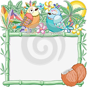 Birds Cuties on Summer Bamboo Frame Vector Background Illustration