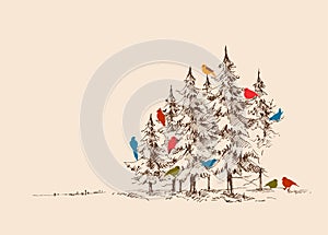 Birds decorating Christmas trees