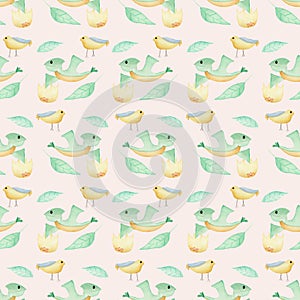 Birds and dino, seamless pattern