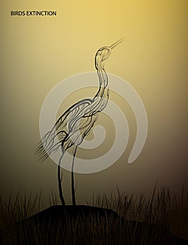 Birds extinction concept, Heron bird look like tree branches on the drought land, protect the birds and forest, protect