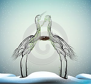 Birds extinction concept, spirit of dying birds due the climate change, Two heron bird look like tree branches with the