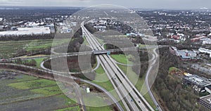 Birds eye aerial drone view of an intersection at the german autobahn,Bremen, Germany. Transportation and mobility