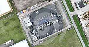 Birds eye aerial top down view on a datacenter building. Internet infrastructure. Almere, The Netherlands.