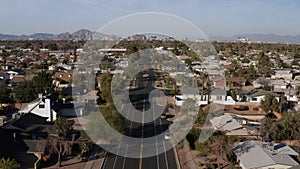 Birds eye drone shot of College Ave in Tempe, Arizona, USA on a bright and sunny day.