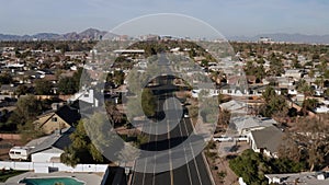 Birds eye drone shot of College Ave in Tempe, Arizona, USA on a bright and sunny day.