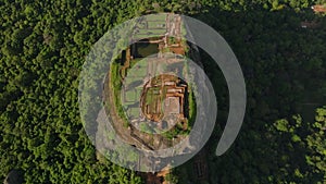 Birds eye shot of popular tourist destination. Ruins on ancient palace on top of Lions Rock. Sigiriya, Sri Lanka