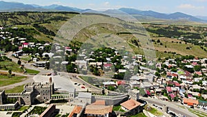 Birds eye view Akhaltsikhe town panorama with famous tourist attraction Rabati castle in summer