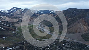 Birds eye view of amazing and spectacular Thorsmork glacier valley in Iceland. Aerial view Porsmork valley with lavic