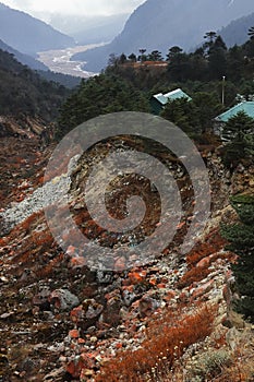 birds eye view of beautiful yumthang valley and surrounding himalaya mountains
