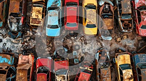 Birds eye view of a car junkyard