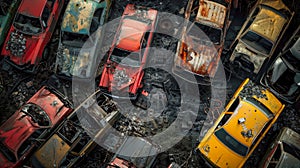 Birds eye view of a car junkyard. Old cars waiting to be shredded in a recycling park