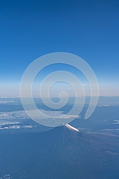 A birds eye view close-up the Mount Fuji ( Mt. Fuji ) and blue sky