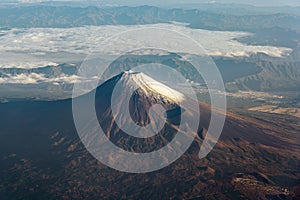 A birds eye view close-up the Mount Fuji ( Mt. Fuji ) and blue sky