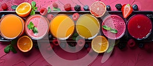 Birds eye view of colorful tray with fresh juices and smoothies. Concept Food Photography, Fresh