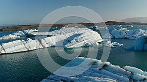 Birds eye view of icy cracked formation of glacier in Jokulsarlon lake in Iceland. Vatnajokull national park lagoon over