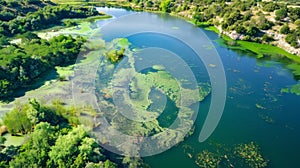 A birds eye view of a lake the normally deep blue waters now a vibrant green with large patches of algae visible from