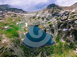 Photography of a lake in the mountains shot from a drone