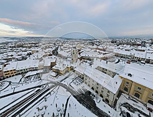 Birds eye view over historic city center of Sibiu, Romania