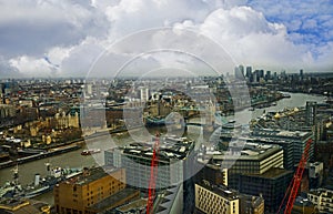 Birds eye view overlooking River Thames with Tower Bridge