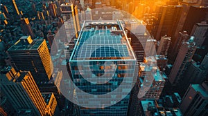 A birds eye view of a spacious building adorned with solar panels on top, surrounded by urban infrastructure and green