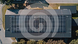 A birds eye view of a spacious building adorned with solar panels on top, surrounded by urban infrastructure and green