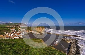 Birds-eye view of Staithes from the clifftop just to the south of the village