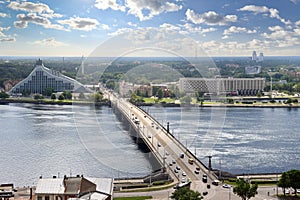 Birds eye view of Stone bridge and Daugava river, Riga - Latvia