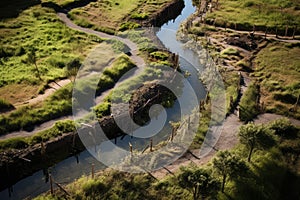 birds eye view of a swale system for water management