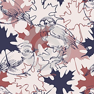 Birds and fall leaf seamless pattern