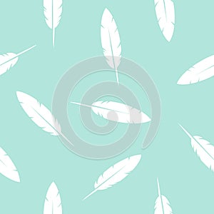 Birds Feather- seamless pattern, turquoise and white background
