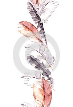 Birds feathers border frame. Repeating strip. Watercolour photo
