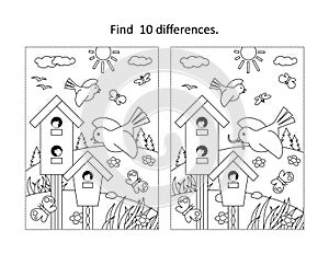 Birds feed their nestlings in birdhouses find the differences picture puzzle and coloring page