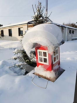 Birds feeding house cowered by snow