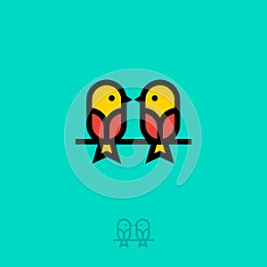 Birds flat logo. Two small birds. Chatter icon. Love chat. Speaking school emblem.
