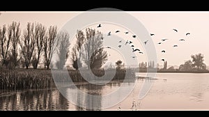 birds flight lake sepia