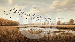 birds flight lake sepia