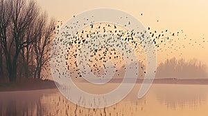 birds flight lake sepia