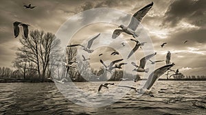 birds flight lake sepia