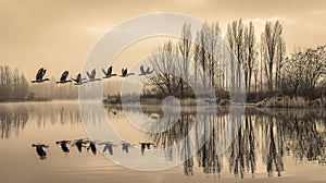 birds flight lake sepia