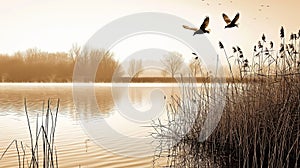 birds flight lake sepia