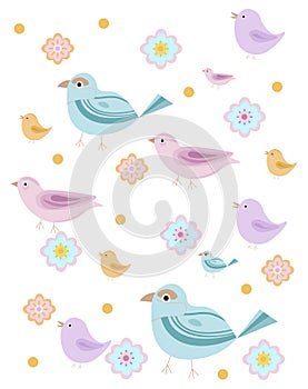 Birds floral pattern for kids books or colorbooks Vector illustration