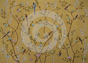 Birds and flowers on gold background