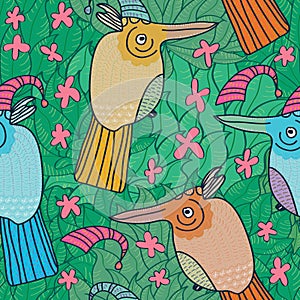 Birds Flowers Pink Green Seamless Pattern_eps