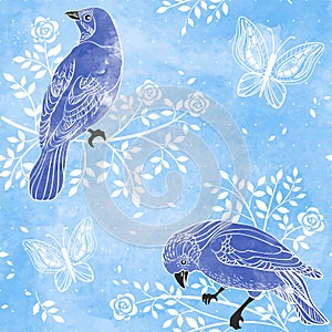 Birds and flowers on a water color background. Hand drawn vector