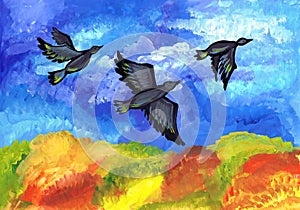 Birds fly south over the autumn forest. Children`s drawing